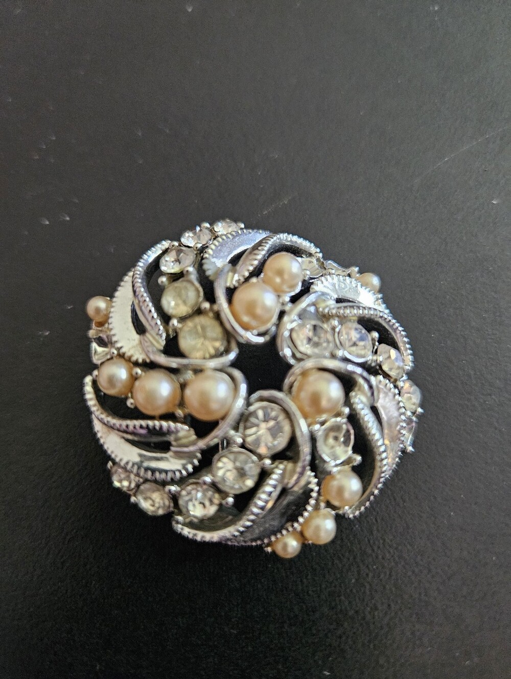 Silver-Tone Pearl & Crystal Swirl Brooch